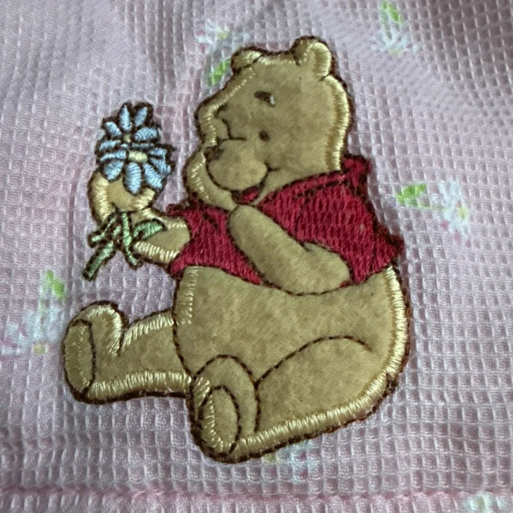 Vintage Disney Winnie the Pooh Pink Floral Embroidered Apron Dress Ruffle Sleeve